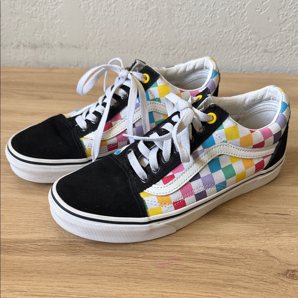 Vans Black Toe Low-Top Sneakers with Rainbow Checkerboard